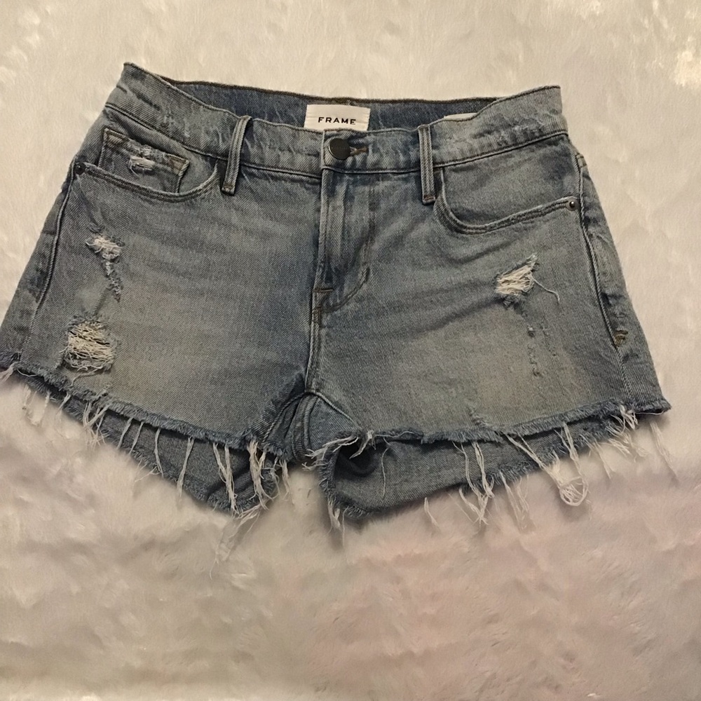 Frame Le Cutoff Denim Distressed Shorts.  Size 24